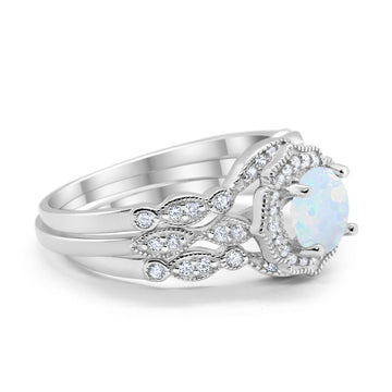 Halo Three Piece Wedding Art Deco Lab Created White Opal Ring Band Solid 925 Sterling Silver